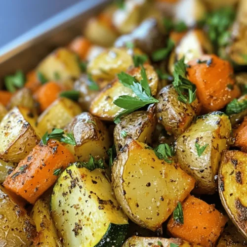 Garlic Herb Roasted Potatoes, Carrots, and Zucchini is a delightful side dish that brings together the flavors of earthy potatoes, sweet carrots, and tender zucchini, all enhanced by the aromatic allure of garlic and fresh herbs. This dish is not only visually appealing, with its vibrant colors, but it also offers a symphony of textures and flavors that can elevate any meal. Whether served alongside a hearty roast or as a standalone vegetarian option, this medley of roasted vegetables is sure to satisfy even the pickiest of eaters.