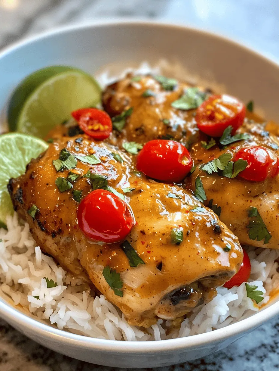 At the heart of this dish is the Spicy Brazilian Coconut Chicken, which showcases a delightful balance between the creaminess of coconut milk and the vibrant heat of fresh chilies. The chicken thighs are marinated to perfection, allowing the spices to permeate the meat, enhancing its natural flavors. This dish is not only a feast for the senses but also a testament to the Brazilian approach to food, where every ingredient plays a significant role in the overall harmony of the dish.