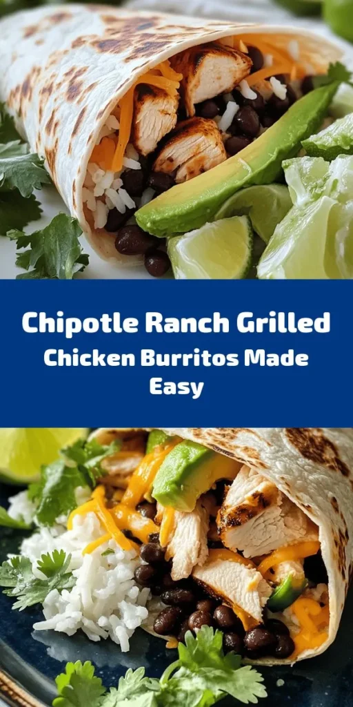 Savor the flavors of this Easy Chipotle Ranch Grilled Chicken Burrito! Perfect for meal prep or a quick weeknight dinner, this recipe features marinated grilled chicken paired with rice, black beans, cheddar cheese, and fresh avocado all wrapped in a soft tortilla. Topped with cilantro and served with lime wedges, these burritos are a crowd-pleaser. Enjoy deliciousness in every bite with simple ingredients and easy steps!