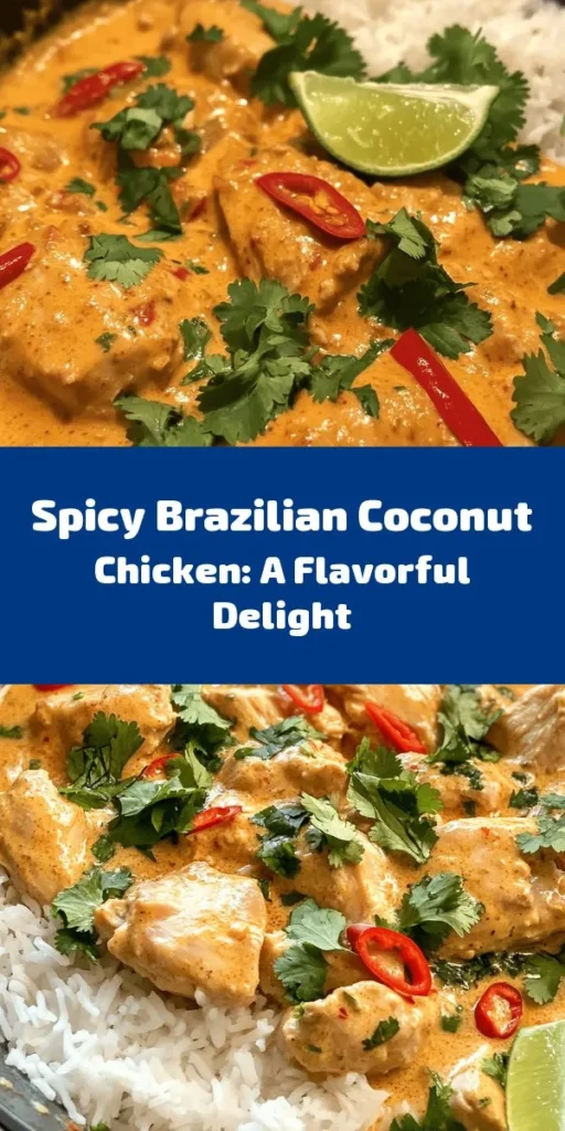 Dive into the flavors of Brazil with this spicy coconut chicken recipe! Featuring tender chicken thighs simmered in creamy coconut milk and infused with aromatic spices like smoked paprika and turmeric, this dish is sure to tantalize your taste buds. Perfectly balanced with fresh lime juice and garnished with cilantro, it pairs beautifully with rice or quinoa for a wholesome meal. Quick to prepare and bursting with flavor, it'll become a family favorite!