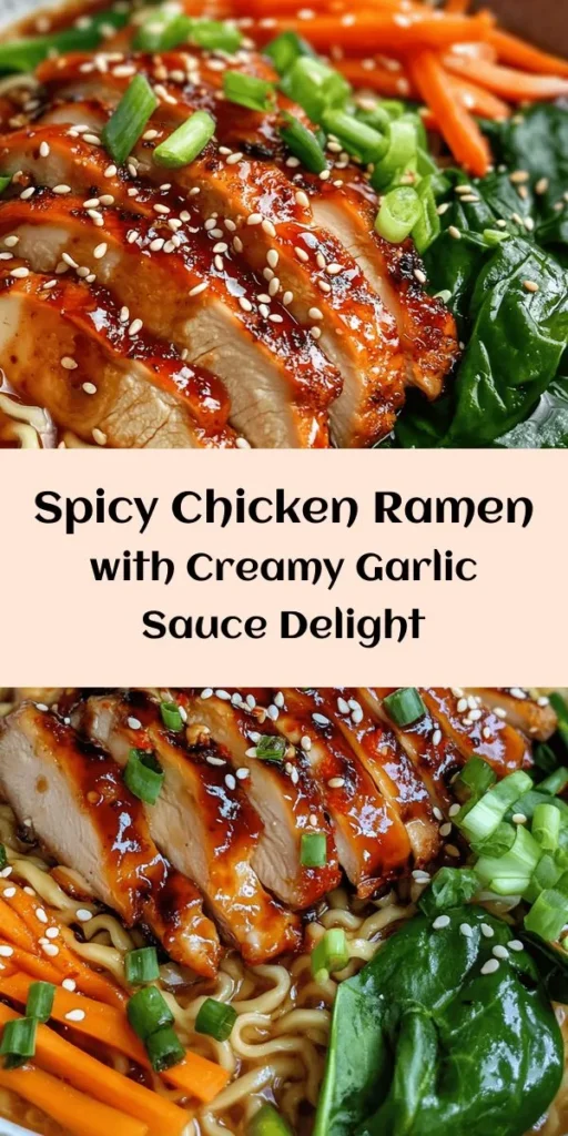 Get ready for a flavor explosion with this Fiery Chicken Ramen with Creamy Garlic Sauce! Perfectly marinated chicken thighs cooked to golden perfection are laid over tender ramen noodles, baby spinach, and julienned carrots, all swimming in savory chicken broth. Top it off with a luscious creamy garlic sauce for that extra kick. This dish is an ideal choice for a cozy night in or a fun dinner with friends. Easy to make and full of spice, it’s sure to impress!