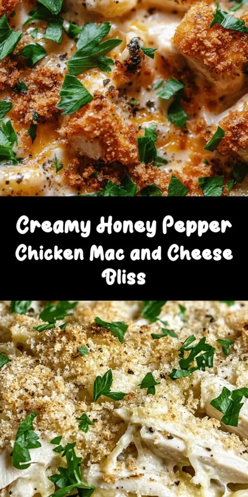 Indulge in the creamy goodness of Honey Pepper Chicken Mac and Cheese Delight! This comforting dish combines tender elbow macaroni, shredded chicken, and a luscious cheese sauce infused with honey and spices. Topped with crispy breadcrumbs, it's baked to perfection for a delightful crunch. Perfect for family dinners or cozy gatherings, you'll love this delicious twist on a classic favorite. Get ready to enjoy every cheesy, honey-kissed bite!