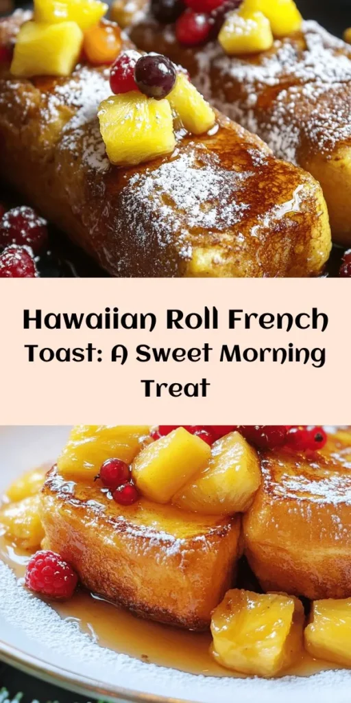 Indulge in a tropical twist on breakfast with this Hawaiian Roll French Toast Delight! Made with soft Hawaiian sweet rolls soaked in a rich egg mixture, this dish is perfectly crispy on the outside and fluffy on the inside. Simply dip, cook, and serve with a drizzle of maple syrup and fresh fruit for a delicious start to your day. Ideal for brunch gatherings or a special treat, it's sure to impress everyone at the table. Enjoy a taste of paradise!