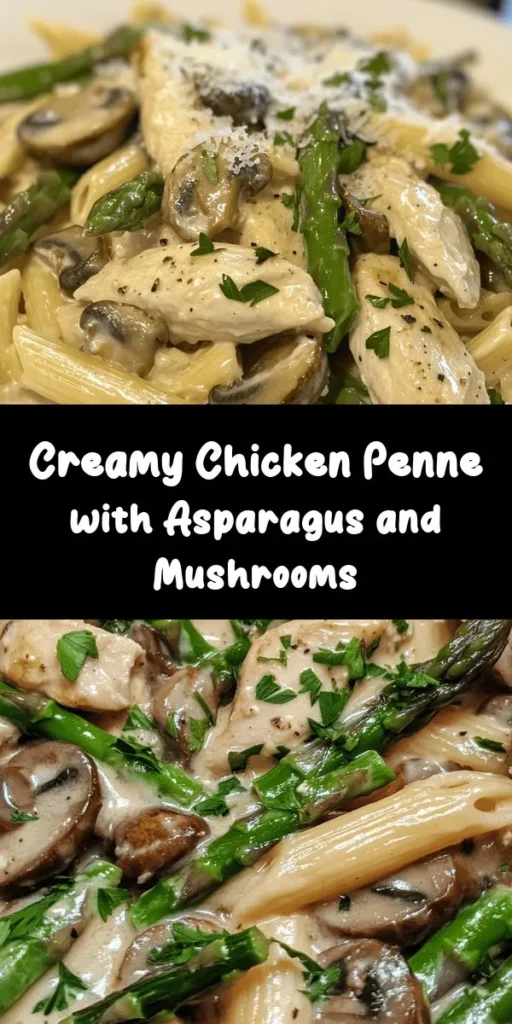 Indulge in a deliciously creamy Mushroom and Asparagus Chicken Penne that’s perfect for dinner! This easy recipe features tender chicken strips, sautéed mushrooms, and fresh asparagus, all enveloped in a rich garlic cream sauce with Parmesan cheese. Ready in just 30 minutes, it’s a delightful dish that combines simplicity and flavor. Serve it hot and garnish with fresh parsley for an extra touch! Your family will love this comforting meal.
