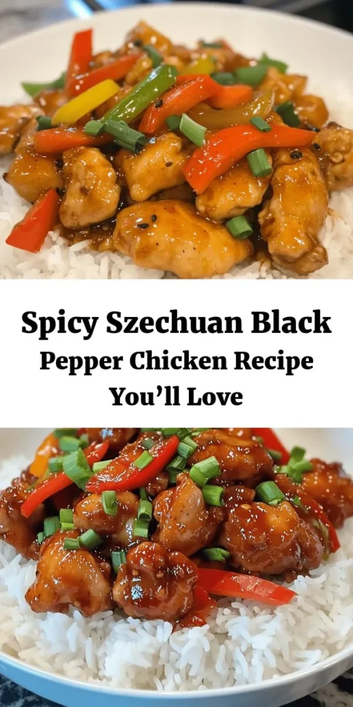 Elevate your dinner with this Spicy Szechuan Black Pepper Chicken! Packed with bold flavors, this dish features tender chicken marinated in soy sauce and cornstarch, then stir-fried with vibrant veggies and seasoned with crushed black pepper and aromatic garlic and ginger. Drizzled with a zesty Szechuan sauce, it's perfect over steamed rice or noodles. Quick to make and perfect for spice lovers, this recipe serves four and is sure to impress!