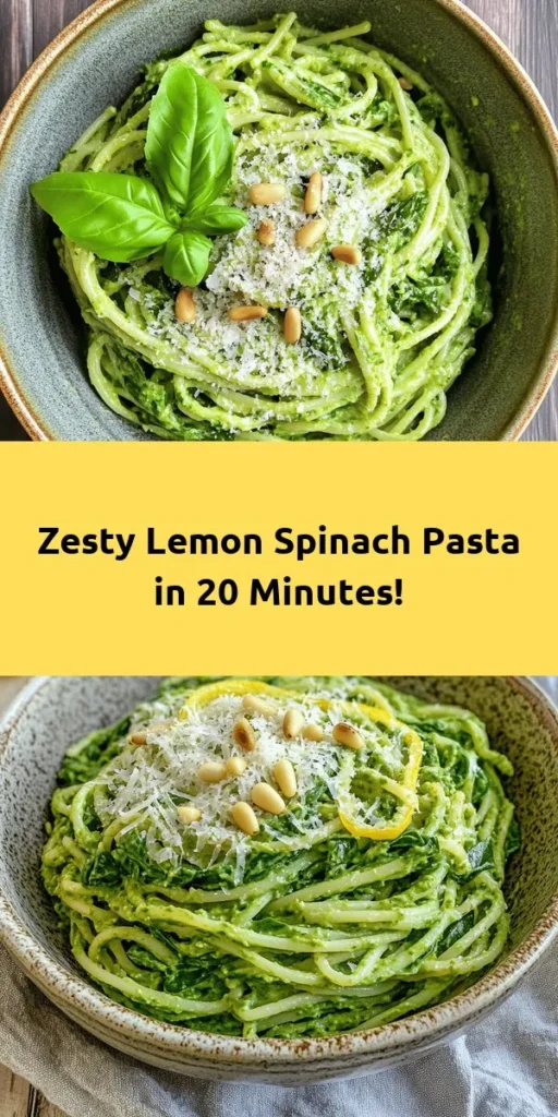 Brighten your dinner table with this zesty lemon spinach pasta! Ready in just 20 minutes, this dish combines al dente pasta, fresh spinach, and a burst of citrus flavor, topped with Parmesan and optional toasted pine nuts for a delightful crunch. Perfect for a quick weeknight meal or a cozy weekend dinner. Pair it with a side salad for a complete meal. Get ready to enjoy a deliciously light and refreshing dinner that everyone will love!