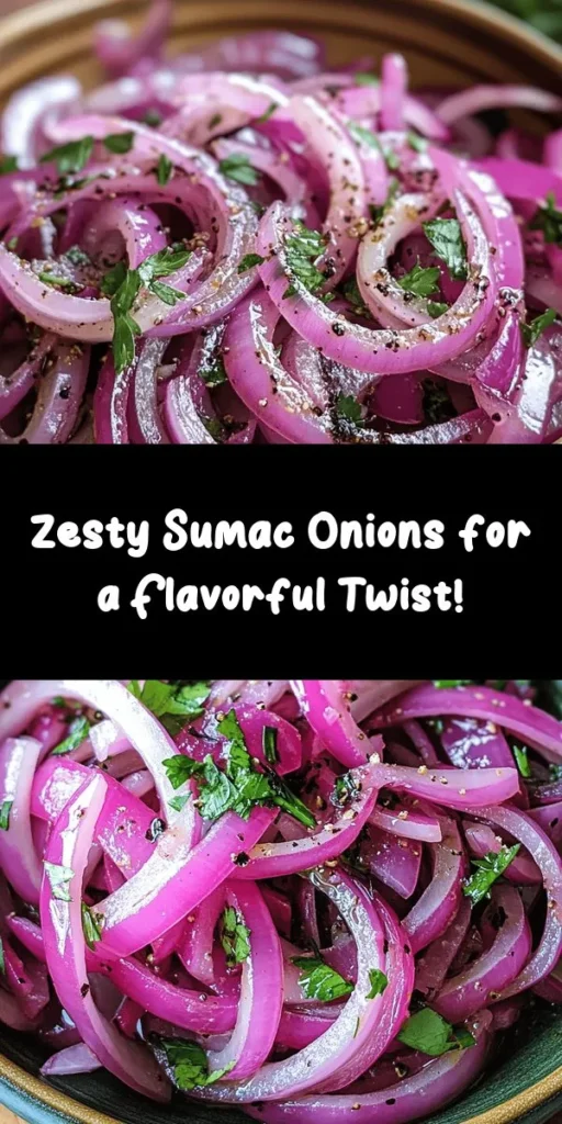 Brighten up your meals with these zesty sumac onions! This easy recipe combines sliced red onions with sumac spice, olive oil, balsamic vinegar, and a splash of lemon for a refreshing side dish. Perfect for marinating, these onions develop layers of flavor in just 30 minutes. Whether served chilled or at room temperature, they make a delightful topping for salads, sandwiches, or grilled dishes. Garnish with fresh parsley for an extra pop!