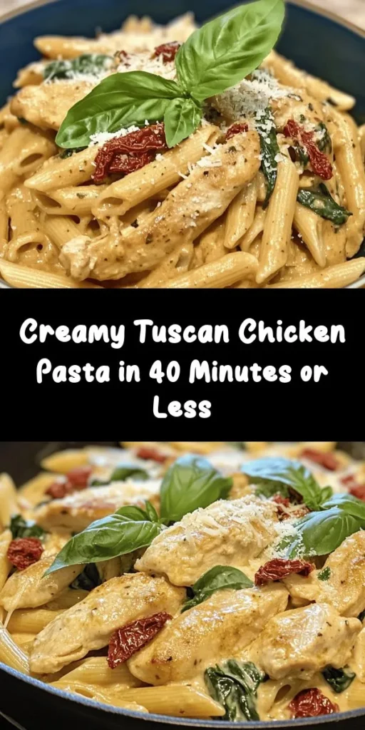 Discover the delightful flavors of Easy Tuscan Chicken Pasta! This creamy dish combines tender chicken strips, sun-dried tomatoes, and fresh spinach, all tossed with perfectly cooked penne pasta. Ready in just 40 minutes, it's a satisfying meal for any night of the week. With garlic, Italian seasoning, and a sprinkle of Parmesan, every bite is a taste of Italy. Garnish with fresh basil for the perfect finishing touch. Enhance your dinner routine today!