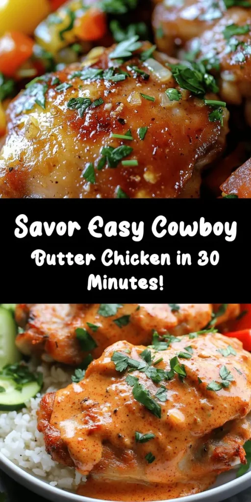 Discover the flavors of the Wild West with this Easy Cowboy Butter Chicken recipe! Perfectly seared chicken thighs are bathed in a rich, garlic-infused cowboy butter sauce, making each bite a savory delight. This dish comes together in just 30 minutes and is served best with vibrant veggies and your choice of rice or crusty bread. Ideal for busy weeknights or a cozy dinner, this meal is sure to impress your family and friends. Give it a try!