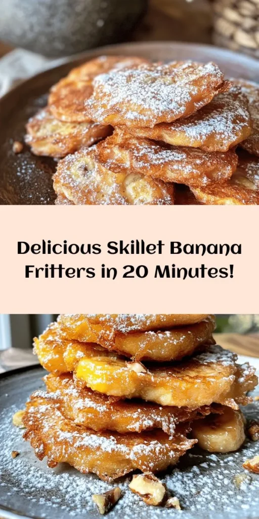 Indulge in these delicious Skillet Banana Fritters, perfect for breakfast or a sweet snack! Made with ripe bananas, flour, and a hint of cinnamon, these fluffy treats are quick and easy to whip up. Just mix the batter, fry until golden, and enjoy! Top them with powdered sugar for an extra touch. This recipe yields 4 servings and is ready in just 20 minutes. Try them today for a delightful twist on your morning routine!
