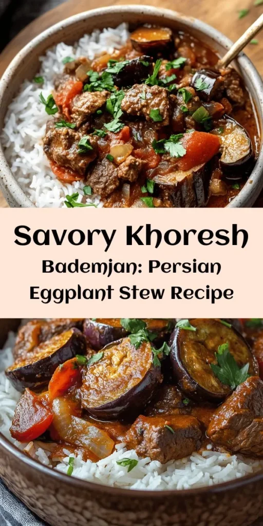 Experience the flavors of Persia with this delightful Khoresh Bademjan, a rich eggplant stew that's sure to impress! Savory beef or lamb is simmered with aromatic spices, tender eggplants, and fresh tomatoes, creating a comforting dish. Serve it over fluffy basmati rice for the perfect meal. This recipe features easy-to-follow steps and is perfect for family gatherings or cozy dinners. Get ready to savor a taste of tradition!
