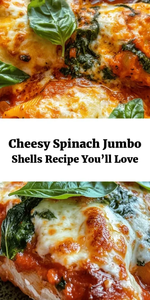 Indulge in the creamy goodness of Cheesy Spinach & Ricotta Jumbo Shells! This delightful dish features large pasta shells filled with a delicious blend of fresh spinach, ricotta, mozzarella, and Parmesan, all baked to perfection in marinara sauce. Perfect for family dinners or cozy nights in, this recipe is easy to follow and packed with flavor. Ready in just 50 minutes, serve it warm and garnish with fresh basil for a beautiful presentation that will impress everyone!