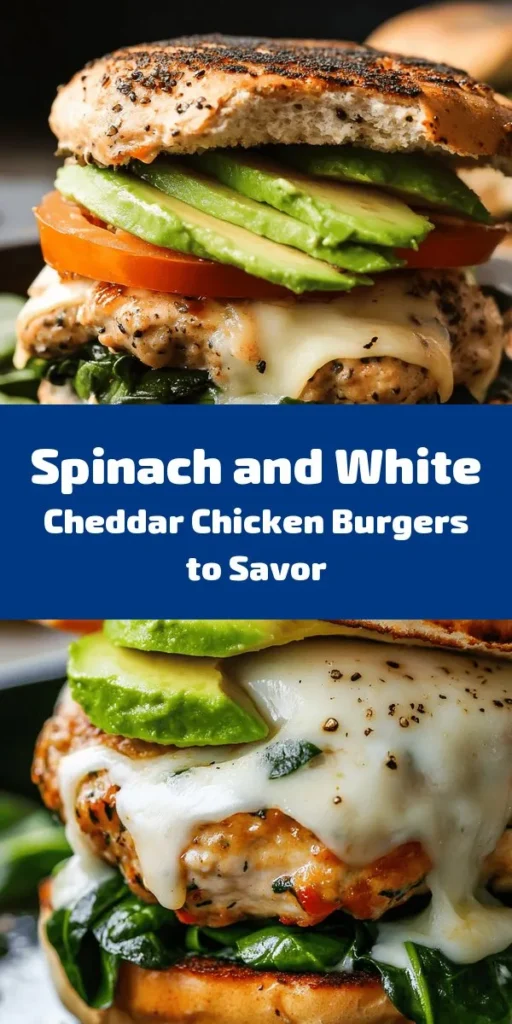 Savor the flavor with these White Cheddar and Spinach Chicken Burgers! Made with fresh ground chicken, finely chopped spinach, and rich white cheddar, these juicy patties are both delicious and nutritious. Perfect for a weeknight dinner or barbecue, they're easy to prepare in just 30 minutes. Top with your favorites like avocado, tomato, and lettuce for a wholesome meal everyone will love. Get ready to enjoy a healthier twist on classic burgers!