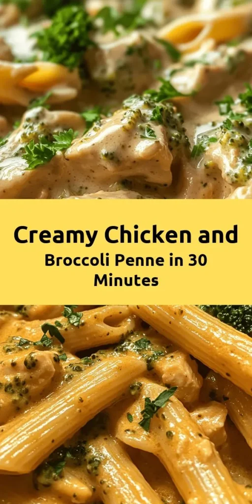 Looking for a delicious dinner idea? This creamy broccoli and chicken penne is a simple yet satisfying dish that's perfect for any night of the week. With tender chicken, vibrant broccoli, and a rich parmesan sauce, it's ready in just 30 minutes! Cooked with garlic and Italian seasoning, this meal is packed with flavor and nutrition. Serve it up with a sprinkle of fresh parsley for a touch of color. Your family will love it!