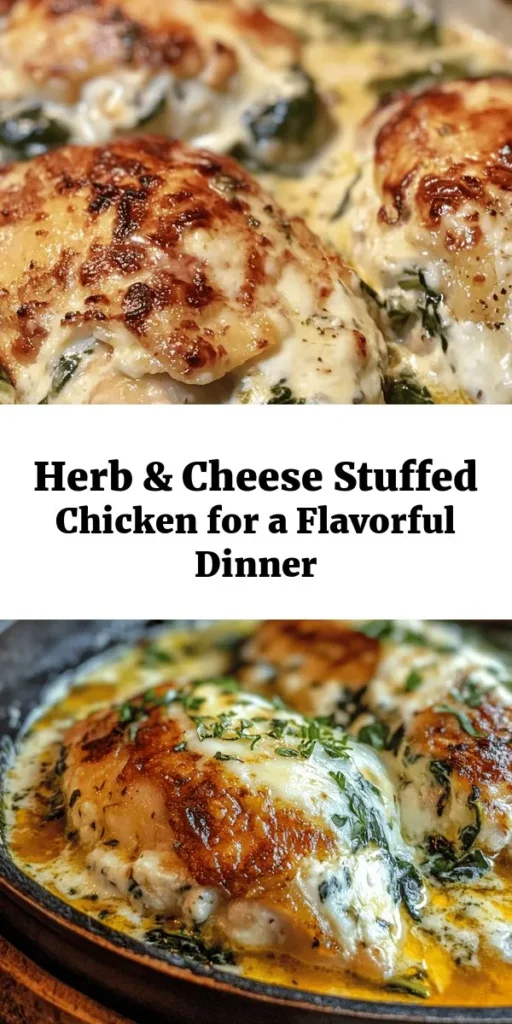 Elevate your dinner game with this Savory Herb & Cheese Stuffed Chicken Breast recipe! Packed with fresh spinach and a creamy filling of ricotta, mozzarella, and Parmesan, this dish is bursting with flavor. Perfectly seared and baked to perfection, it’s not only delicious but also visually stunning on your plate. With easy steps to prepare and a total time of just 50 minutes, this recipe is a must-try for any weeknight meal. Enjoy a blend of herbs and cheesy goodness that will impress your family and friends!