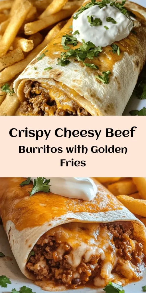 Get ready for a fun and satisfying meal with these Cheesy Beef Burritos paired with crispy fries! This recipe brings together seasoned ground beef, refried beans, and a delightful mix of cheddar and Mexican blend cheeses, all wrapped in warm tortillas. Cooked to perfection with a crispy exterior, these burritos are served alongside golden fries and a refreshing dollop of sour cream. Perfect for a family dinner or a casual gathering, this dish is sure to please everyone!