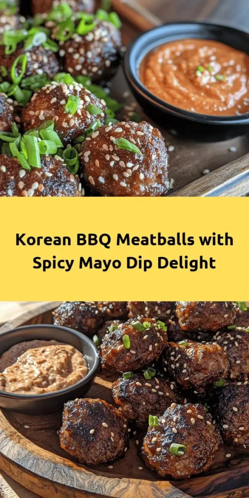 Get ready to spice up your meal with these mouthwatering Korean BBQ Meatballs! Featuring a juicy blend of ground beef, breadcrumbs, and aromatic ingredients, these meatballs are baked to perfection and paired with a creamy, spicy mayo dip. Perfect for a cozy dinner or as a delicious appetizer, they're sure to impress your family and friends. With just 35 minutes from prep to plate, this recipe is as easy as it is flavorful. Enjoy the taste of Korea right at home!
