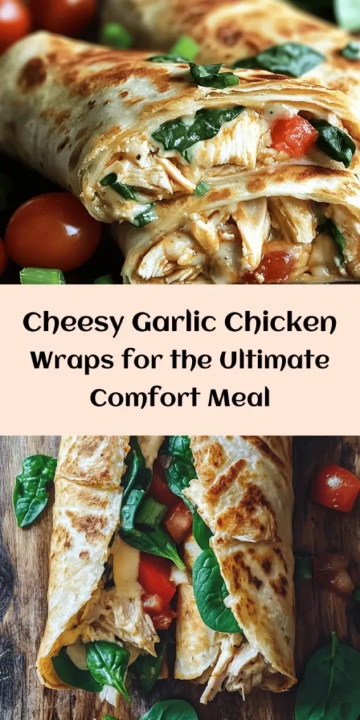 Discover the ultimate comfort food with these Cheesy Garlic Chicken Wraps! Perfect for a quick weeknight dinner, this recipe combines tender shredded chicken, creamy cheeses, and aromatic garlic, all wrapped in a crispy tortilla. Loaded with fresh spinach, tomatoes, and optional green onions, these wraps are not just delicious but also packed with flavor. Easy to make and ready in just 30 minutes, they’re sure to be a family favorite. Enjoy gooey goodness in every bite!