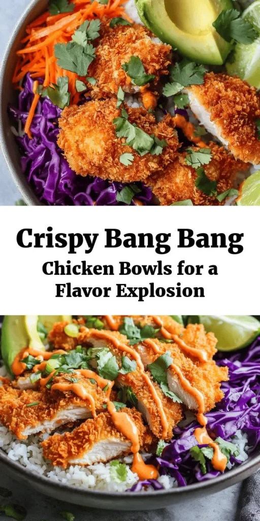Satisfy your cravings with this delicious Bang Bang Chicken Bowl! Featuring crispy, breaded chicken thighs paired with fluffy jasmine rice, vibrant purple cabbage, and fresh avocado, this recipe is a flavor explosion. Drizzle with a creamy Bang Bang sauce made from mayo, sweet chili, and Sriracha for the perfect kick. Easy to make and perfect for weeknight dinners or meal prep. Garnish with cilantro and lime for an extra zing! Enjoy a bowl of goodness today!
