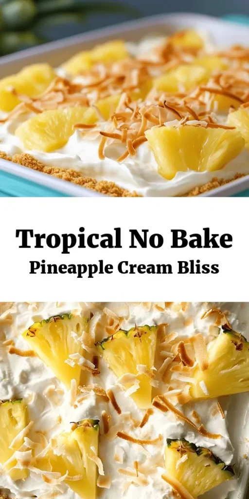 Indulge in a slice of paradise with this Tropical No Bake Pineapple Cream Dessert! This easy, no-bake recipe features a creamy filling made from softened cream cheese, whipped cream, and delicious crushed pineapple, all layered on a crunchy graham cracker crust. Topped with shredded and toasted coconut, it's the perfect tropical treat for warm days. Chill it for a few hours, garnish with fresh pineapple slices, and enjoy a delightful dessert that transports you straight to the beach!