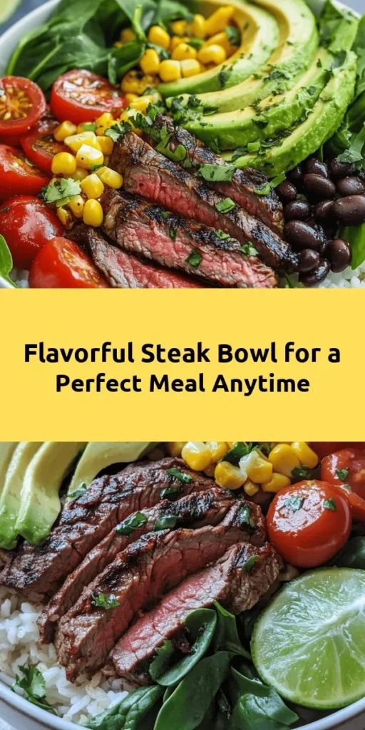 Elevate your meal prep with this Ultimate Steak Bowl, perfect for any occasion! This flavor-packed dish features marinated flank steak grilled to perfection, served over a bed of fluffy jasmine rice or quinoa. Top it with fresh spinach, juicy cherry tomatoes, sweet corn, creamy avocado, and protein-rich black beans. Finished with a sprinkle of cilantro and a splash of lime, this bowl is not only delicious but also customizable for everyone. Enjoy a hearty, wholesome meal that’s both satisfying and easy to make!