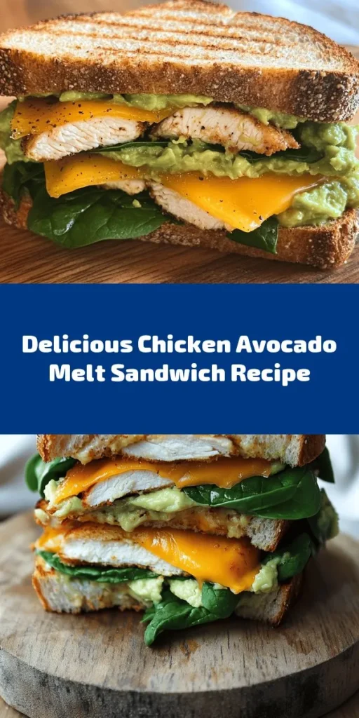 Elevate your lunch game with this delicious Chicken Avocado Melt Sandwich! Juicy seasoned chicken, creamy mashed avocado, and melted cheddar cheese come together on toasted whole grain or sourdough bread. Add a zesty mayonnaise and Dijon mustard spread for the perfect flavor boost. Quick, easy, and ready in just 30 minutes, it's a delightful meal that's great for any occasion. Serve it with fresh fruit or chips for a complete treat!