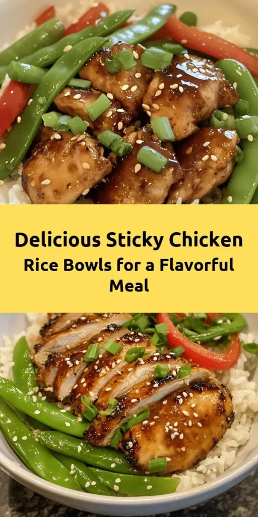 Enjoy a delicious and easy weeknight dinner with these Sticky Chicken Rice Bowls! Featuring marinated chicken thighs cooked to perfection, served over fluffy jasmine rice, and topped with vibrant veggies like snap peas and red bell pepper. Drizzle with a sweet and savory sauce and garnish with green onions and sesame seeds for added flavor. Perfect for meal prep or a cozy family meal, this recipe is a must-try for any home cook!