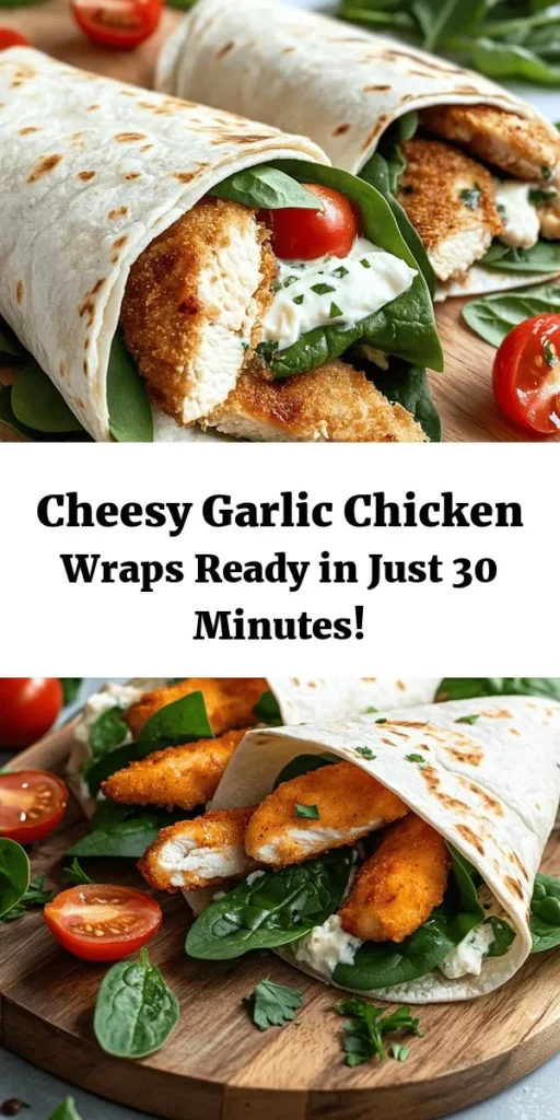 Try these delicious Cheesy Garlic Chicken Wraps for an easy and satisfying meal! Tender chicken strips seasoned with garlic and spices are cooked to perfection and combined with creamy mozzarella and cream cheese. Wrapped in warm tortillas with fresh spinach and cherry tomatoes, these wraps are bursting with flavor. Perfect for lunch or dinner, serve with your favorite dipping sauce for an extra kick. Quick prep in just 30 minutes!