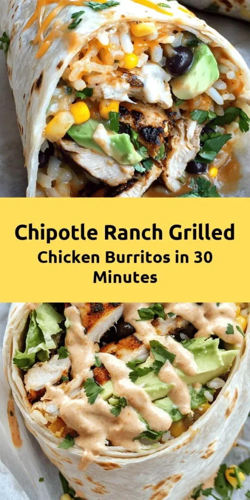 Craving a flavorful meal? Try this Easy Chipotle Ranch Grilled Chicken Burrito! Juicy grilled chicken marinated in chipotle ranch dressing is the star of this dish, combined with rice, black beans, corn, and fresh toppings like avocado and lettuce. Perfect for a quick weeknight dinner or meal prep. Assemble and toast for a crispy finish, then drizzle with extra dressing for added flavor. Enjoy a fiesta of tastes in every bite!