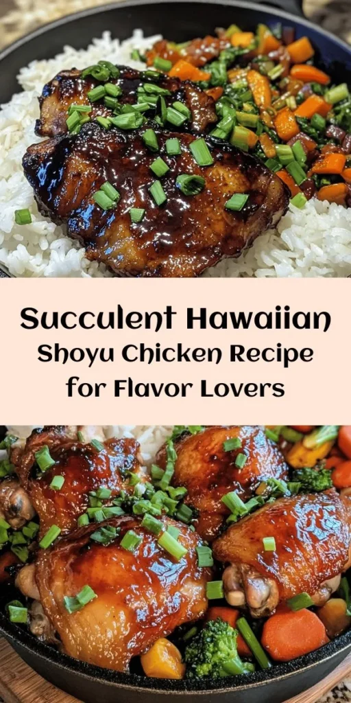 Enjoy the tropical flavors of Hawaiian Shoyu Chicken with this easy recipe! Juicy chicken thighs soak in a flavorful marinade made from soy sauce, brown sugar, honey, and garlic, ensuring every bite is packed with taste. After a quick sear for a crispy finish, bake to perfection, and serve with steamed rice and veggies for a complete meal. Perfect for family dinners or gatherings, this dish is sure to impress with its sweet and savory notes!