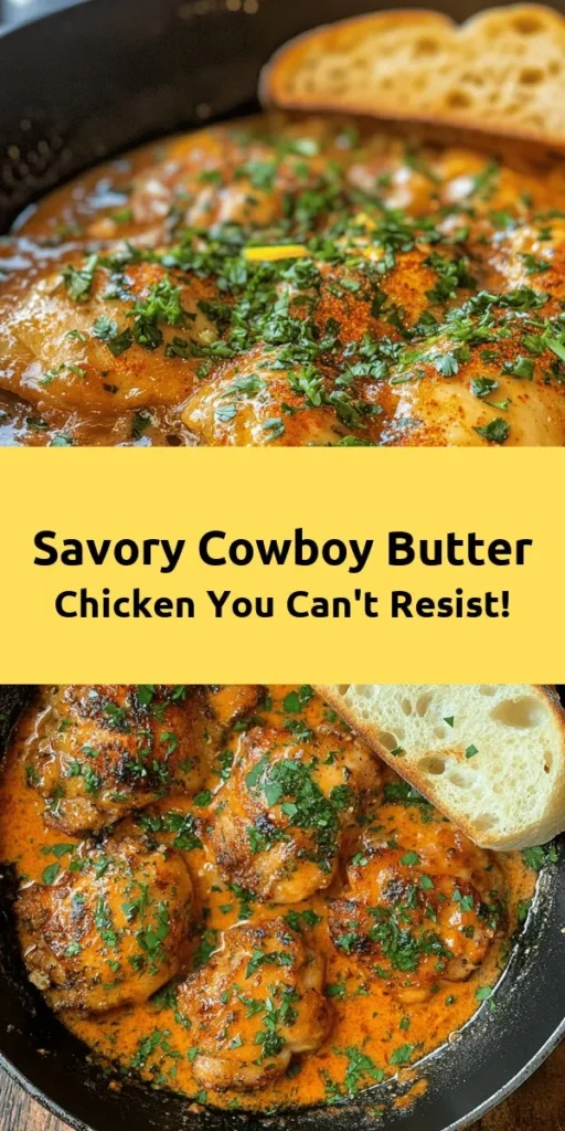 Delight in this mouthwatering Cowboy Butter Chicken recipe! With juicy chicken thighs marinated in a rich, flavorful butter blend featuring garlic, herbs, and spices, this dish is sure to impress. Quick to prepare and ready in under an hour, it's perfect for weeknight dinners or special occasions. Serve with crusty bread to soak up the delicious sauce. Whip this up for a taste of the wild west right in your kitchen!