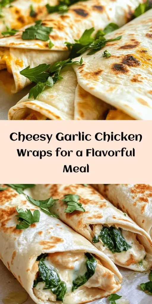 Indulge in these Cheesy Garlic Chicken Wraps filled with a creamy mixture of shredded chicken, mozzarella, and fragrant garlic. Perfect for a quick dinner or a delicious lunch, these wraps are loaded with flavor and easy to prepare in just 30 minutes. With fresh spinach nestled inside a warm tortilla and a crispy golden exterior, they’re satisfying and fun to eat. Don’t forget to pair them with your favorite dips like ranch or marinara for an extra treat!