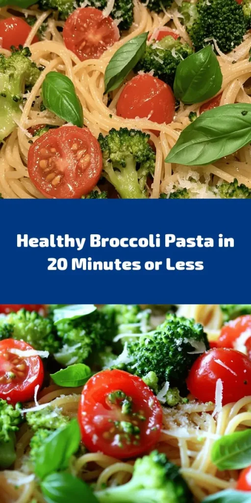 Try this easy and healthy broccoli pasta recipe for a delicious meal in just 20 minutes! Packed with whole grain pasta, vibrant broccoli, and juicy cherry tomatoes, it's simple and satisfying. Sauté garlic in olive oil for an aromatic base, then combine all the ingredients for a flavorful dish your whole family will love. Top with Parmesan cheese and fresh basil for an extra touch. Perfect for any night of the week! Enjoy this nutritious dinner option today!