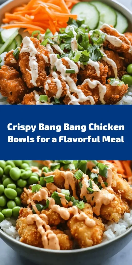 Savor the deliciousness of these Bang Bang Chicken Bowls! Perfectly marinated and crispy fried chicken served over a bed of fluffy jasmine rice, topped with vibrant veggies like shredded carrots, chopped cucumber, and edamame. Drizzle with flavorful Bang Bang sauce and finish with a sprinkle of green onions and cilantro for a refreshing twist. Easy to make and perfect for meal prep, these bowls are sure to impress at dinner time!