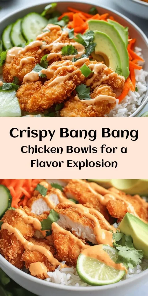 Indulge in these delicious Bang Bang Chicken Bowls that are perfect for lunch or dinner! Juicy fried chicken coated in panko and served over a bed of fluffy jasmine rice or quinoa, topped with fresh veggies like carrots, cucumbers, and avocado. The homemade Bang Bang sauce adds a sweet and spicy kick that ties everything together. Quick to prepare and packed with flavor, this recipe is a must-try! Enjoy a zesty squeeze of lime for the ultimate taste sensation.