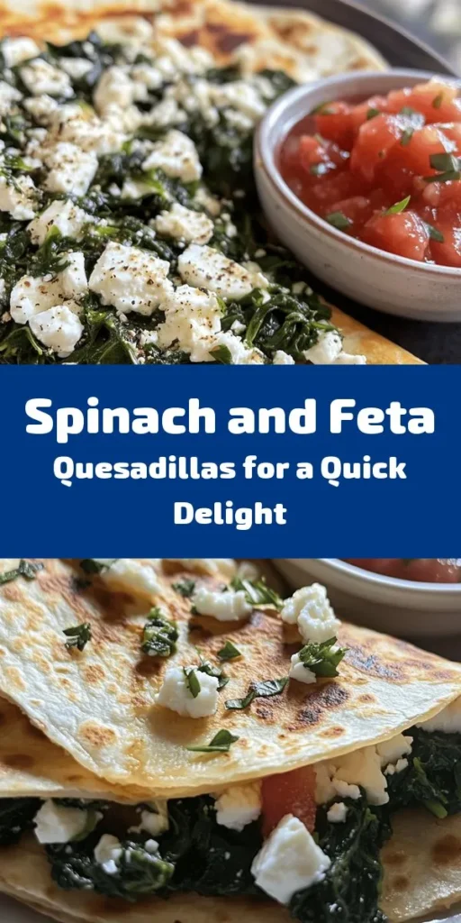 Looking for a delicious and easy meal? Try these Spinach and Feta Quesadillas! Packed with fresh spinach, crumbled feta, and gooey mozzarella, these quesadillas are a tasty twist on a classic favorite. With just a few simple ingredients, you can whip them up in under 20 minutes. Perfect for a quick lunch or dinner! Serve with salsa or sour cream for an extra kick. Enjoy a cheesy, satisfying dish that's loaded with flavor!