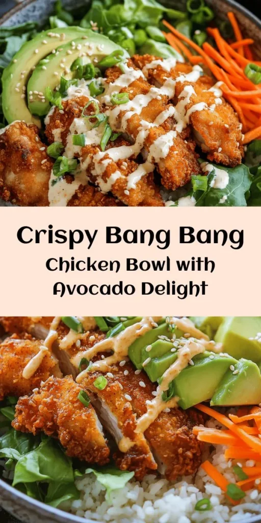 Elevate your meal with this mouthwatering Bang Bang Chicken Bowl! Perfectly crispy chicken thighs are marinated and fried to golden perfection, then topped with a zesty homemade Bang Bang sauce. Serve it on a bed of jasmine rice and fresh mixed greens, accompanied by creamy avocado, crunchy carrots, and a sprinkle of sesame seeds. Quick to prepare and bursting with flavor, this dish brings together the ideal balance of spice and comfort. Enjoy a delightful dinner any night of the week!