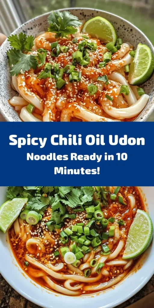 Spice up your dinner with these Quick & Fiery Chili Oil Udon Noodles! Ready in just 10 minutes, this dish combines chewy udon noodles, savory chili oil, and a burst of flavors from soy sauce, garlic, and ginger. Toss everything together for a delicious meal that’s perfect for busy nights. Garnish with green onions, sesame seeds, and fresh cilantro, and serve with lime wedges for that extra zing. Quick, easy, and utterly satisfying!