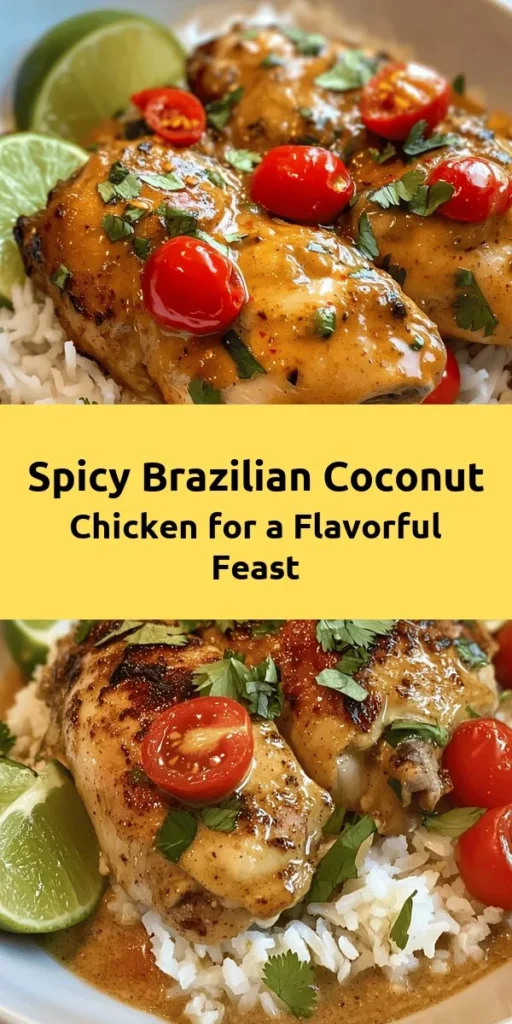 Discover the bold flavors of Brazil with this Spicy Brazilian Coconut Chicken recipe! Featuring tender marinated chicken thighs simmered in creamy coconut milk, this dish is infused with aromatic garlic, ginger, and fresh chili peppers for the perfect kick. Pair it with juicy cherry tomatoes and top with cilantro for an explosion of taste. Serve hot with lime wedges for a zesty finish. Perfect for a cozy dinner with family or friends!