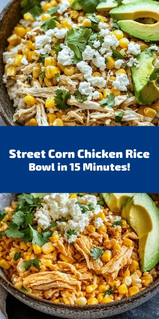 Whip up this Easy Street Corn Chicken Rice Bowl in just 15 minutes! This flavorful dish features a delightful mix of shredded chicken, sweet corn, and seasoned rice, all topped with fresh cilantro and a squeeze of lime. Perfect for busy weeknights or a quick lunch, it’s customizable with optional toppings like queso fresco and avocado. Enjoy a satisfying meal that’s both nutritious and delicious!