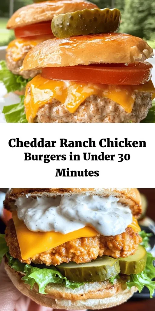 Looking for a deliciously easy meal? Try these Easy Cheddar Ranch Chicken Burgers! Juicy ground chicken mixed with sharp cheddar and ranch dressing creates a flavorful patty that’s quick to make. In just 30 minutes, you can have a satisfying dinner ready to enjoy. Serve them on whole wheat buns and top with lettuce, tomatoes, and pickles for a fresh twist. Perfect for weeknight dinners or weekend barbecues! Don't forget your favorite sides!