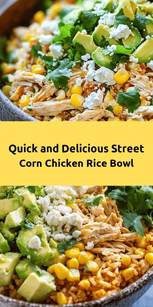 Looking for a quick and delicious meal? This Easy Street Corn Chicken Rice Bowl is the perfect solution! Ready in just 10 minutes, it's packed with flavor and nutrition. Made with cooked rice, tender rotisserie chicken, sweet corn, creamy avocado, and topped with crumbled queso fresco, every bite is a delight. Easy to customize and perfect for a busy weeknight dinner. Try it out and enjoy a burst of fresh flavors!