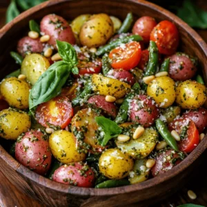 Pesto potato salad is a delightful and refreshing dish that combines the earthy flavor of potatoes with the vibrant, aromatic qualities of pesto. This dish is perfect for warm weather gatherings, picnics, and barbecues, where its bright flavors can shine alongside grilled meats or serve as a standalone vegetarian option. The combination of creamy potatoes and zesty pesto creates a unique flavor profile that is both satisfying and invigorating.