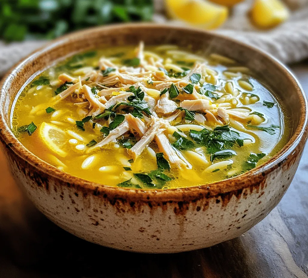 Mediterranean cuisine is renowned for its vibrant flavors, fresh ingredients, and numerous health benefits. Characterized by an array of fruits, vegetables, whole grains, and healthy fats, this culinary tradition embraces a lifestyle that promotes well-being. One standout dish that encapsulates the essence of Mediterranean cooking is the <strong>Mediterranean Lemon Chicken Soup</strong>. This comforting soup is perfect for any season—whether you’re seeking warmth on a chilly day or a light, refreshing meal during the warmer months.” /></p>
</p>
<h3>Adding Broth and Orzo: Timing and Technique for Achieving the Perfect Al Dente Texture</h3>
</p>
<p>The heart of any soup is its broth, and for Mediterranean Lemon Chicken Soup, the choice of broth significantly influences flavor. After sautéing your vegetables and adding the chicken, it’s time to introduce the broth. Typically, a rich homemade chicken broth is ideal, but store-bought options can work just as well. Aim for low-sodium varieties to better control the soup’s saltiness.</p>
</p>
<p>Once your broth is simmering, it’s time to add the orzo. This tiny pasta cooks quickly, so timing is crucial. Add the orzo to the simmering broth and stir gently to prevent it from clumping. Cook for about 8-10 minutes, or until al dente. Remember, orzo will continue cooking even after being removed from heat, so it’s wise to err on the side of slightly undercooking it. Taste testing is essential at this stage; it ensures that the pasta achieves that perfect texture while allowing you to adjust the seasoning as needed.</p>
</p>
<h3>Combining Ingredients: Tips for Balancing Flavors with Fresh Herbs and Seasoning</h3>
</p>
<p>Once the orzo has reached the desired doneness, it’s time to enhance your Mediterranean Lemon Chicken Soup with fresh herbs and seasoning. Fresh herbs like parsley, dill, and thyme add brightness and complexity to your soup, each bringing its unique flavor profile.</p>
</p>
<p>Start by adding a handful of chopped fresh parsley and dill to the pot. These herbs not only brighten the soup but also complement the lemon’s acidity beautifully. Stir them in just before serving to retain their vibrant color and flavor.</p>
</p>
<p>For seasoning, a generous pinch of salt and freshly cracked black pepper will elevate the broth’s taste. Consider adding a squeeze of fresh lemon juice just before serving to enhance the soup’s freshness. This simple step can brighten up the entire dish, making the flavors pop.</p>
</p>
<h3>Adding Creaminess: How to Incorporate Cream Without Curdling for a Rich Texture</h3>
</p>
<p>To achieve a luscious, creamy texture in your Mediterranean Lemon Chicken Soup without the risk of curdling, you must incorporate cream carefully. Start by tempering the cream. This involves gradually adding a small amount of hot broth from the soup into the cream while whisking continuously. This process raises the cream’s temperature, reducing the risk of it curdling when added to the hot soup.</p>
</p>
<p>Once the cream is tempered, slowly stir it into the pot, ensuring a smooth and creamy blend. For an even richer flavor, consider using heavy cream, but half-and-half or even a plant-based cream alternative can work as well for a lighter option.</p>
</p>
<h3>Serving Suggestions: Presentation Tips and Garnishing for Visual Appeal</h3>
</p>
<p>Presentation is key to elevating your soup from merely delicious to truly appealing. When serving Mediterranean Lemon Chicken Soup, ladle it into warm bowls to keep the soup at the perfect temperature.</p>
</p>
<p>For garnishing, a sprinkle of freshly chopped herbs, such as parsley or dill, adds a vibrant color contrast against the golden broth. A slice of lemon on the rim of the bowl or a twist of lemon zest on top not only enhances the aesthetic but also invites your guests to enjoy a little extra zing. Additionally, a drizzle of high-quality olive oil just before serving can add a touch of richness and shine to the dish.</p>
</p>
<h3>Nutritional Analysis of Mediterranean Lemon Chicken Soup</h3>
</p>
<p>Understanding the nutritional profile of your homemade Mediterranean Lemon Chicken Soup can help you appreciate its health benefits.</p>
</p>
<p><strong>Caloric Breakdown per Serving:</strong></p>
<p>A typical serving of this soup, approximately 1.5 cups, contains about 350-400 calories. This can vary based on the amount of cream used and the specific ingredients in your broth.</p>
</p>
<p><strong>Overview of Macronutrients:</strong></p>
<p>– <strong>Proteins:</strong> Each serving offers around 25 grams of protein, primarily from chicken and orzo.</p>
<p>– <strong>Fats:</strong> The fat content, largely dependent on the cream you choose, can range from 10-20 grams.</p>
<p>– <strong>Carbohydrates:</strong> Expect around 40 grams of carbohydrates per serving, mainly from the orzo.</p>
</p>
<p><strong>Micronutrients:</strong></p>
<p>This soup is rich in vitamins and minerals, particularly vitamin C from the lemon and antioxidants from the fresh herbs. The vegetables contribute fiber, vitamins A and K, and other essential nutrients, making this soup a well-rounded dish.</p>
</p>
<p><strong>Balanced Diet Consideration:</strong></p>
<p>Mediterranean Lemon Chicken Soup fits seamlessly into a balanced diet, particularly within the Mediterranean dietary pattern. This diet emphasizes whole foods, lean proteins, healthy fats, and plenty of fruits and vegetables, promoting overall health and well-being.</p>
</p>
<h3>Variations and Customizations</h3>
</p>
<p>One of the joys of cooking is the ability to adapt recipes to fit dietary needs and personal preferences. Here are some suggestions for customizing your Mediterranean Lemon Chicken Soup.</p>
</p>
<p><strong>Ingredient Substitutions:</strong></p>
<p>– <strong>Gluten-Free:</strong> For a gluten-free version, substitute orzo with gluten-free pasta or quinoa.</p>
<p>– <strong>Dairy-Free:</strong> Use coconut cream or a dairy-free cream substitute to achieve creaminess without dairy.</p>
</p>
<p><strong>Adding Seasonal Vegetables or Legumes:</strong></p>
<p>Consider enhancing the nutritional profile of your soup by adding seasonal vegetables such as spinach, kale, or zucchini. You can also incorporate legumes like chickpeas or lentils for added fiber and plant-based protein.</p>
</p>
<p><strong>Alternative Cooking Methods:</strong></p>
<p>Using a slow cooker or pressure cooker can yield different results in flavor and texture. In a slow cooker, combine all ingredients and cook on low for 6-8 hours, allowing the flavors to meld beautifully. In a pressure cooker, sauté the ingredients as directed, then add the broth and cook on high pressure for about 10 minutes. Both methods will yield a deliciously comforting soup with varying depths of flavor.</p>
</p>
<h3>Cultural Significance of Lemon in Mediterranean Cuisine</h3>
</p>
<p>Lemon holds a special place in Mediterranean cuisine, celebrated not just for its bold flavor but also for its versatility. The use of lemon enhances dishes ranging from salads to marinades, providing brightness and acidity that balance richer ingredients.</p>
</p>
<p>In traditional Mediterranean cooking, lemon is often paired with seafood, chicken, and vegetables, serving a dual role in both cooking and garnishing. Its zest is used to add flavor, while juice provides acidity that cuts through richness. Dishes like Lemon Chicken, Greek Tzatziki, or Moroccan Chicken Tagine showcase this beautiful citrus fruit.</p>
</p>
<h3>Conclusion</h3>
</p>
<p>Mediterranean Lemon Chicken Soup is not only a delightful culinary experience but also a celebration of fresh ingredients and wholesome flavors. Its nourishing qualities make it a perfect dish for family gatherings or a comforting meal on a chilly evening.</p>
</p>
<p>As you experiment with the recipe, feel free to make it your own by adjusting the herbs, creaminess, or even the protein used. The joy of preparing homemade soups lies in their adaptability and the love put into each bowl. So gather your ingredients, embrace the Mediterranean spirit, and enjoy the process of creating a soup that warms both the heart and the home.</p>
<div id=