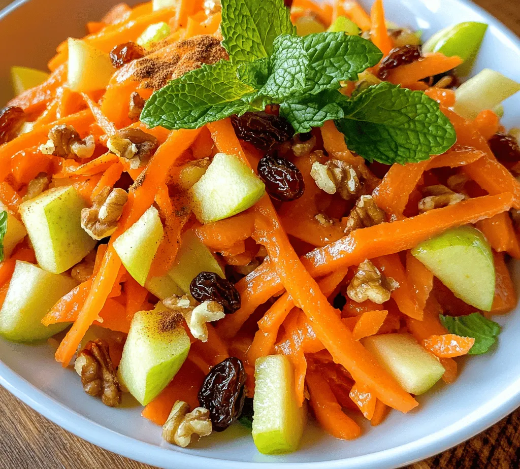 Understanding the blend of flavors in a dish can elevate not just the taste but also the experience of cooking and sharing meals. The <strong>Crunchy Carrot Apple Delight</strong> is a vibrant dish that beautifully merges the natural sweetness of apples and honey with the crispiness of carrots and the satisfying crunch of walnuts. This recipe is not only refreshing and nutritious but also versatile enough to serve as a side dish, a light lunch, or even a healthy snack. In this article, we will guide you through the preparation of this delightful dish while also exploring its health benefits, ingredient substitutions, and presentation ideas.” /></p>
</p>
<h3>Mixing the Base Ingredients</h3>
</p>
<p>Combining the right ingredients in the correct order is crucial for achieving the perfect texture and flavor in your Crunchy Carrot Apple Delight. Start by preparing your carrots and apples, as they are the stars of this dish.</p>
</p>
<p><strong>Grating Carrots and Chopping Apples:</strong></p>
<p>To maximize the flavor and texture, use a box grater or a food processor to grate your carrots finely. This method ensures that they blend seamlessly with the other ingredients and enhances the overall crunchiness of the salad. When grating, be mindful of the size of the shreds; finer shreds will meld better with the dressing, while thicker shreds will provide a more substantial bite.</p>
</p>
<p>For the apples, choose a crisp variety such as Granny Smith or Honeycrisp, as they provide a delightful contrast to the sweetness of the carrots. Core the apples and slice them into thin matchsticks or small cubes. This not only looks appealing but also allows the apples to absorb the dressing better.</p>
</p>
<h3>Creating the Dressing</h3>
</p>
<p>The dressing is what ties all the flavors together in the Crunchy Carrot Apple Delight. A well-blended dressing enhances the dish’s overall taste and texture.</p>
</p>
<p><strong>Whisking Tips for a Smooth Blend:</strong></p>
<p>To create a smooth dressing, start by whisking together your base ingredients, which typically include yogurt, lemon juice, and a touch of honey or maple syrup for sweetness. Use a small bowl and a whisk to combine the ingredients thoroughly. If you have a jar with a lid, you can also add all the dressing ingredients and shake vigorously until combined.</p>
</p>
<p><strong>Adjusting Sweetness and Acidity:</strong></p>
<p>Taste your dressing as you go. Depending on your preference, you may want to adjust the sweetness or acidity. If you find it too tangy, add a bit more sweetener. Conversely, if you prefer a more zesty flavor, add a splash of additional lemon juice. The balance between sweetness and acidity is key to achieving a refreshing taste that enhances the salad’s vibrant ingredients.</p>
</p>
<h3>Tossing and Marinating</h3>
</p>
<p>Once your base ingredients and dressing are ready, it’s time to bring everything together.</p>
</p>
<p><strong>Enhancing Flavors:</strong></p>
<p>After dressing the salad, let it marinate for at least 15-30 minutes. This resting period is essential as it allows the flavors to meld beautifully, resulting in a more cohesive taste. The carrots will soften slightly while the apples will maintain their crunch, creating a delightful textural contrast.</p>
</p>
<p><strong>Ideal Resting Times:</strong></p>
<p>For optimal flavor absorption, consider letting the salad sit for up to an hour in the refrigerator. However, if you’re short on time, even a brief 15-minute rest will enhance the flavors significantly.</p>
</p>
<h3>Serving Suggestions</h3>
</p>
<p><strong>Presentation Ideas:</strong></p>
<p>When it comes to serving your Crunchy Carrot Apple Delight, presentation can elevate the dining experience. Serve the salad chilled for a refreshing taste, which is especially enjoyable during warmer months. Alternatively, you can serve it at room temperature, allowing the flavors to shine through without the chill.</p>
</p>
<p>For creative plating, consider using a large salad bowl or individual serving dishes. Layer the salad for a visually appealing effect, showcasing the vibrant colors of the carrots and apples. You can also sprinkle some additional grated carrots or apple slices on top for added texture.</p>
</p>
<p><strong>Garnishing with Fresh Mint:</strong></p>
<p>To enhance the flavor profile, garnish your salad with freshly chopped mint leaves. Mint adds a refreshing note that brightens the dish and complements the sweetness of the apples and the earthiness of the carrots.</p>
</p>
<p><strong>Selecting and Preparing Mint Leaves:</strong></p>
<p>When choosing mint, look for vibrant green leaves with a fresh aroma. Rinse the leaves under cold water and pat them dry. Remove the leaves from the stems and roughly chop them before sprinkling them over the salad just before serving. This not only adds flavor but also provides a pop of color.</p>
</p>
<h3>Variations and Substitutions</h3>
</p>
<p><strong>Dairy-Free and Vegan Options:</strong></p>
<p>For those with dietary restrictions, the Crunchy Carrot Apple Delight can easily be made dairy-free or vegan. Replace traditional yogurt with a plant-based yogurt alternative made from almond, coconut, or soy. Additionally, you can use agave syrup or a date paste instead of honey for a vegan-friendly sweetener.</p>
</p>
<p><strong>Nut-Free Alternatives:</strong></p>
<p>If you are concerned about nut allergies, simply omit the walnuts or replace them with seeds such as sunflower or pumpkin seeds. These options will provide a similar crunch without compromising the texture and flavor of the salad.</p>
</p>
<p><strong>Seasonal Variations:</strong></p>
<p>Embrace the seasons by incorporating local produce into your salad. In the summer, consider adding fresh berries, while in the fall, diced pears or pomegranate seeds can add a festive touch. Adapting the recipe to the produce available in your area not only enhances freshness but also supports local farmers.</p>
</p>
<h3>Health Considerations</h3>
</p>
<p><strong>Dietary Restrictions:</strong></p>
<p>The Crunchy Carrot Apple Delight can easily be adapted for various dietary needs. It can be made gluten-free by ensuring that all ingredients, especially any sweeteners or yogurts, are labeled gluten-free. Keep portion sizes in mind if you are monitoring caloric intake, as this salad can be quite filling due to the fiber content from the carrots and apples.</p>
</p>
<p><strong>Allergy Awareness:</strong></p>
<p>Be mindful of common allergens present in the recipe, such as dairy, nuts, and gluten. Always check labels for any pre-packaged ingredients to ensure they meet your dietary requirements. For those with allergies, safe substitutions can make this salad accessible to everyone.</p>
</p>
<h3>Conclusion</h3>
</p>
<p>The Crunchy Carrot Apple Delight is not just a salad; it’s a celebration of fresh ingredients that are both nutritious and delicious. As you prepare this dish, you can appreciate the balance of flavors and textures while also considering the health benefits it provides. Whether served as a side dish at a family gathering or enjoyed as a light lunch, this recipe is sure to be a crowd-pleaser. Embrace the joy of cooking and savor each bite of this refreshing delight. With its vibrant colors, crunchy textures, and delightful flavors, this salad is bound to become a favorite in your household. Enjoy experimenting with variations and make it your own while nourishing your body with wholesome ingredients.</p>
<div id=