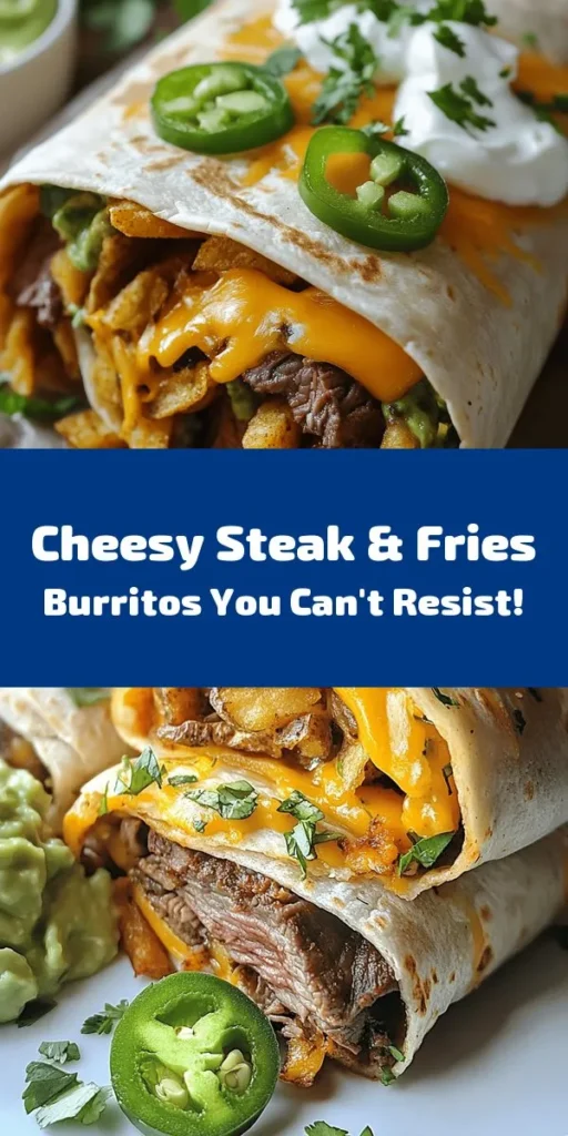 Get ready for a flavor-packed meal with these Steak & Cheese Dirty Fry Burritos! This easy recipe combines juicy flank steak with crispy french fries and two types of cheese, all wrapped in a warm tortilla. Perfect for dinner or a satisfying snack, these burritos are grilled to crispy perfection and served with creamy guacamole and sour cream. A delicious twist on a classic favorite that your family will love! Make them tonight for a fun and hearty meal.