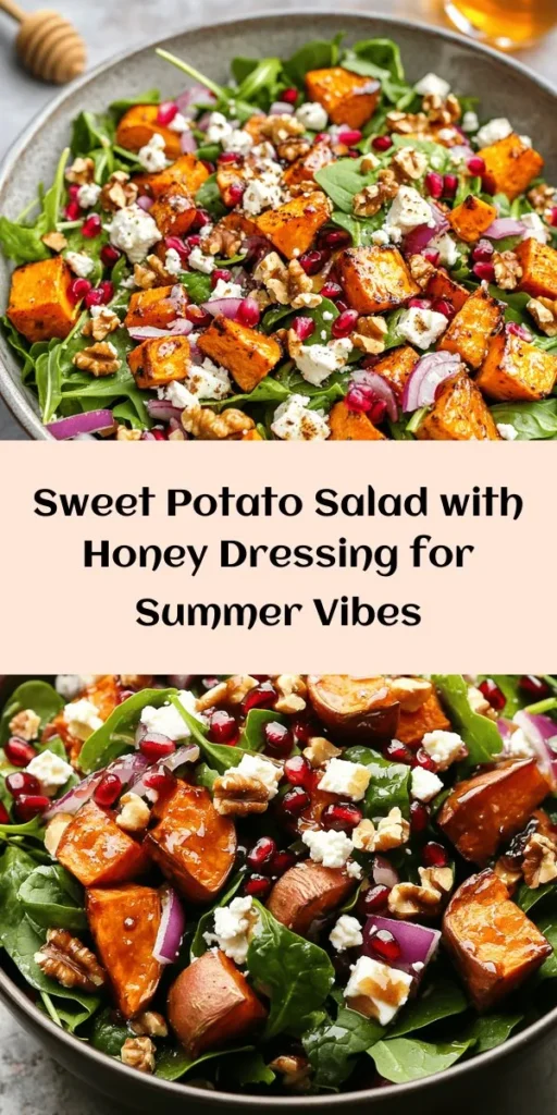 Brighten up your summer meals with this delicious Honey Sweet Potato Summer Salad! This vibrant dish combines roasted sweet potatoes, fresh spinach, arugula, and creamy feta, topped with crunchy walnuts and juicy pomegranate seeds. Drizzled with a simple honey, apple cider vinegar, and Dijon dressing, it’s perfect for a light lunch or a side dish at your next gathering. Refreshing, nutritious, and oh-so-easy to make! Enjoy the flavors of summer in every bite.