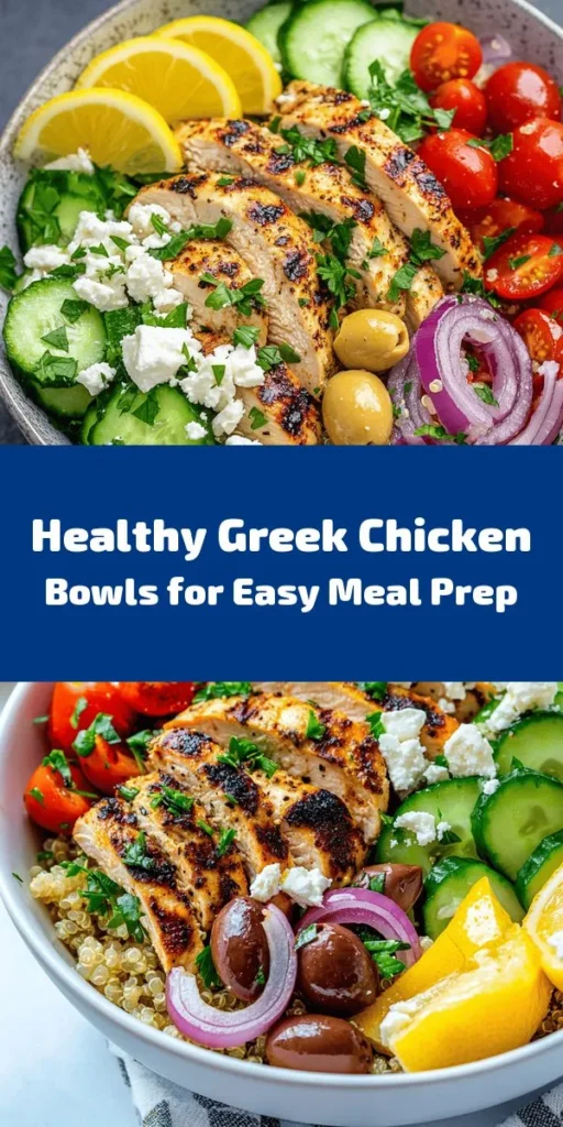 Looking for a delicious and nutritious meal? Try these Easy Healthy Greek Chicken Bowls! Packed with lean grilled chicken, fluffy quinoa, and fresh veggies like cherry tomatoes and cucumber, this recipe is both flavorful and satisfying. Finished with tangy feta cheese and Kalamata olives, it's perfect for meal prep or a quick weeknight dinner. Serve with lemon wedges for a burst of freshness. Enjoy a taste of the Mediterranean in your kitchen!