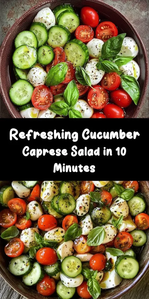 Looking for a refreshing and easy salad? Try this Crisp Cucumber Caprese Delight! Made with crunchy cucumbers, juicy cherry tomatoes, and creamy mozzarella balls, it's perfect for summer gatherings or as a light snack. Toss in fresh basil, drizzle with olive oil and balsamic vinegar, and season to taste for a burst of flavor. In just 10 minutes, you can whip up this delicious dish that serves four. Light, vibrant, and oh-so-tasty!