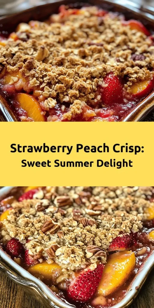 Indulge in the sweet flavors of summer with this delightful Strawberry Peach Crisp! Bursting with fresh strawberries and juicy peaches, this dessert features a buttery oat topping that’s perfectly crisp. Made with simple ingredients like granulated sugar, lemon juice, and cinnamon, it's easy to whip up for family gatherings or a cozy night in. Bake until golden and serve warm, topped with vanilla ice cream for an irresistible treat everyone will love!